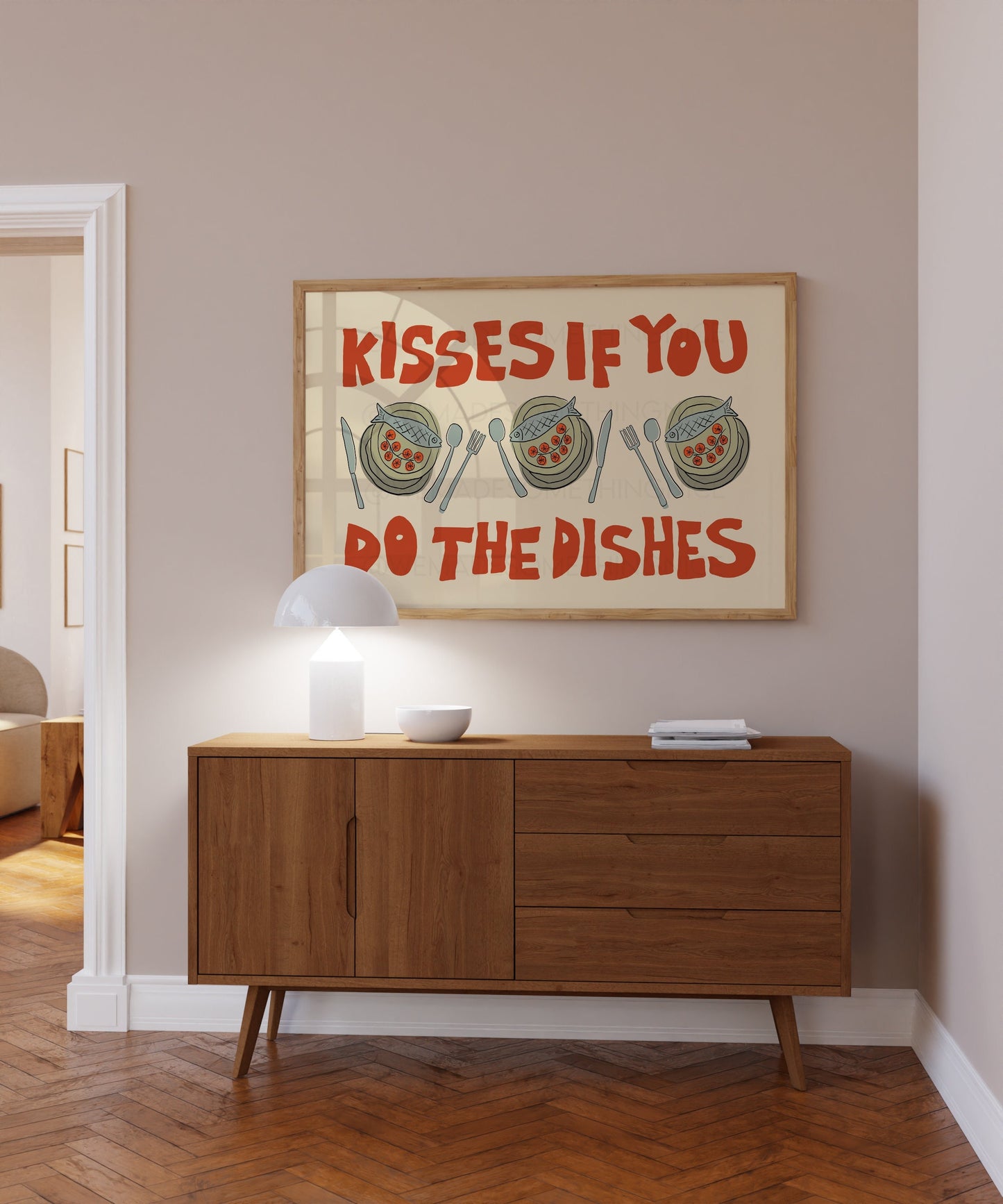 Kisses If You Do The Dishes Poster, Trendy Wall Art, Maximalist Wall Art, Apartment Decor, Retro Wall Art, Kitchen Print, Sketch