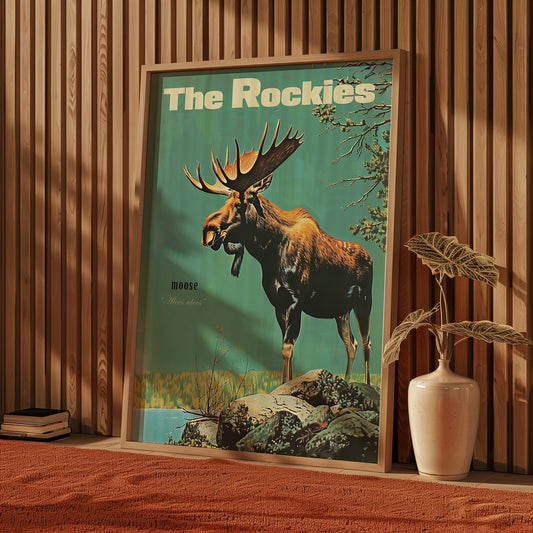 Vintage Moose Print Retro Hunting Poster Outdoors Poster Travel Poster Cabin Cottage Wall Art Rocky Mountains Sports Dad For him Gift