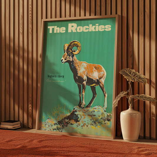 Vintage Bighorn Sheep Print, Retro Outdoors Poster, Travel Poster, Cabin Cottage Wall Art, Outdoor Sports, Dad For him Gift, Rocky Mountains