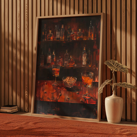 Gloomy Bar Print for Bar Abstract Painting Dark Color Alcohol and Bar Peanut Scene Poster Matisse Styled Artwork