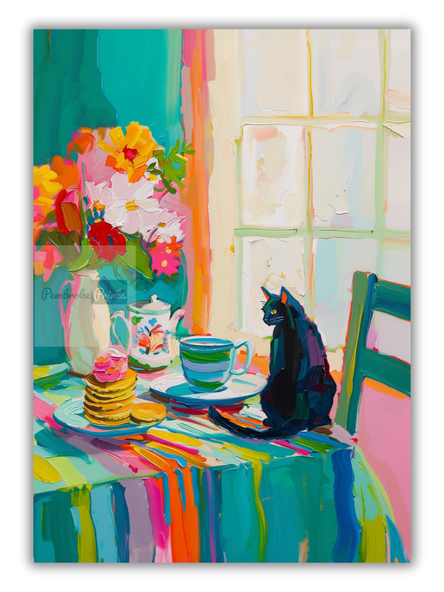 Black Cat at Breakfast Table Print Kitchen Abstract Painting Vibrant Coffee Color Kitchen Poster Matisse Styled Artwork