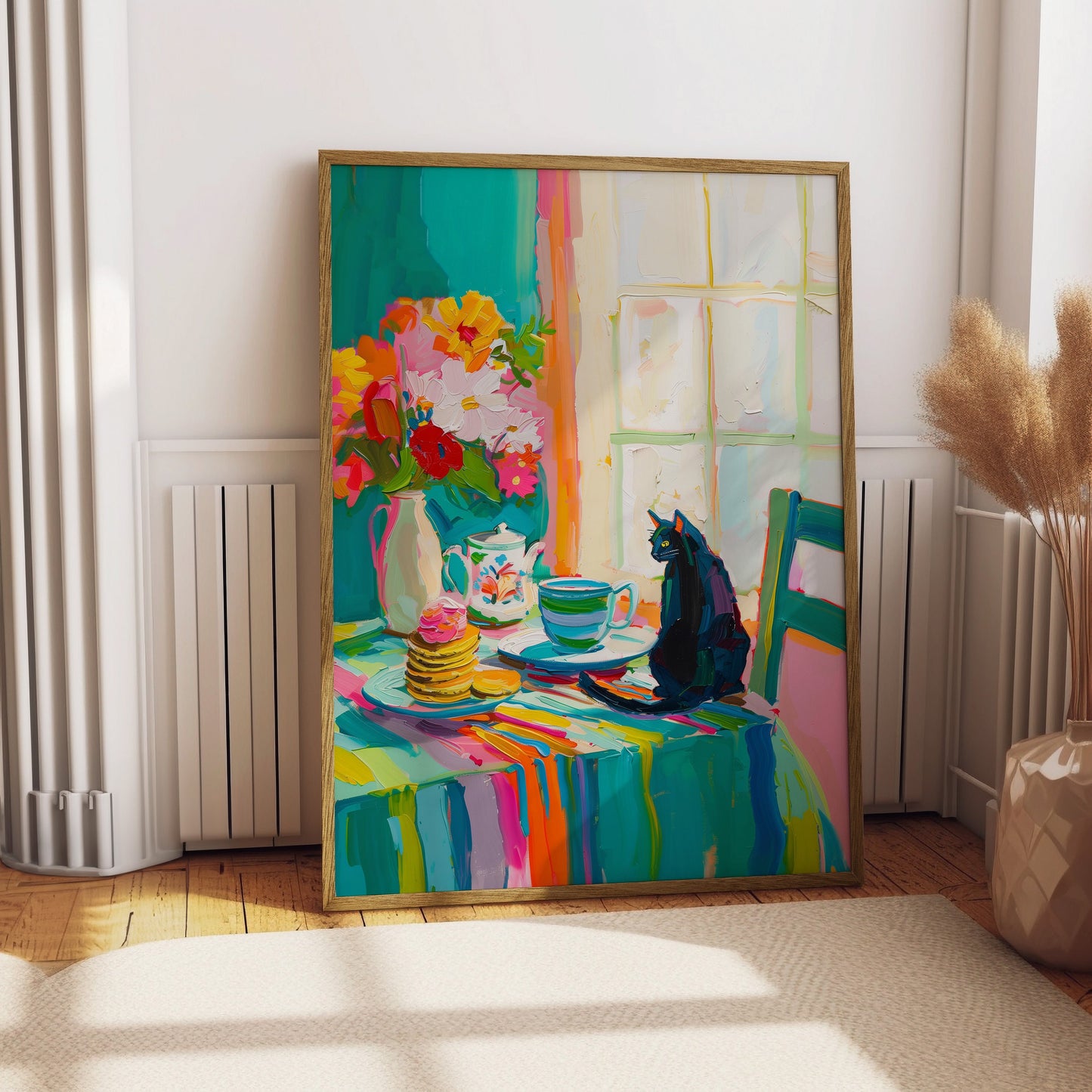 Black Cat at Breakfast Table Print Kitchen Abstract Painting Vibrant Coffee Color Kitchen Poster Matisse Styled Artwork