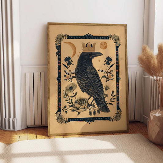King Raven Norse Folk Art Poster Mystical Moon Illustration Flowery Crown Spiritual Print Botanical Rose Boho Wall Art Earth Tones Flowery