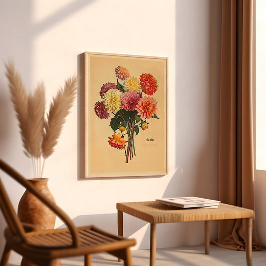 Vintage Bouquet of Dahlias Print Antique Flower Illustration Botanical Painting Earth Tones Flowery Bedroom Decor Retro Poster Gift for Mom