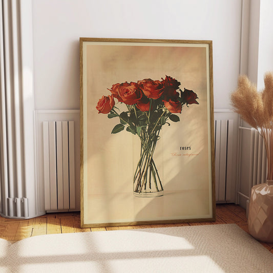 Vintage Vase of Red Roses Print Antique Flower Illustration Botanical Painting Earth Tones Flowery Bedroom Decor Retro Poster Gift for Mom