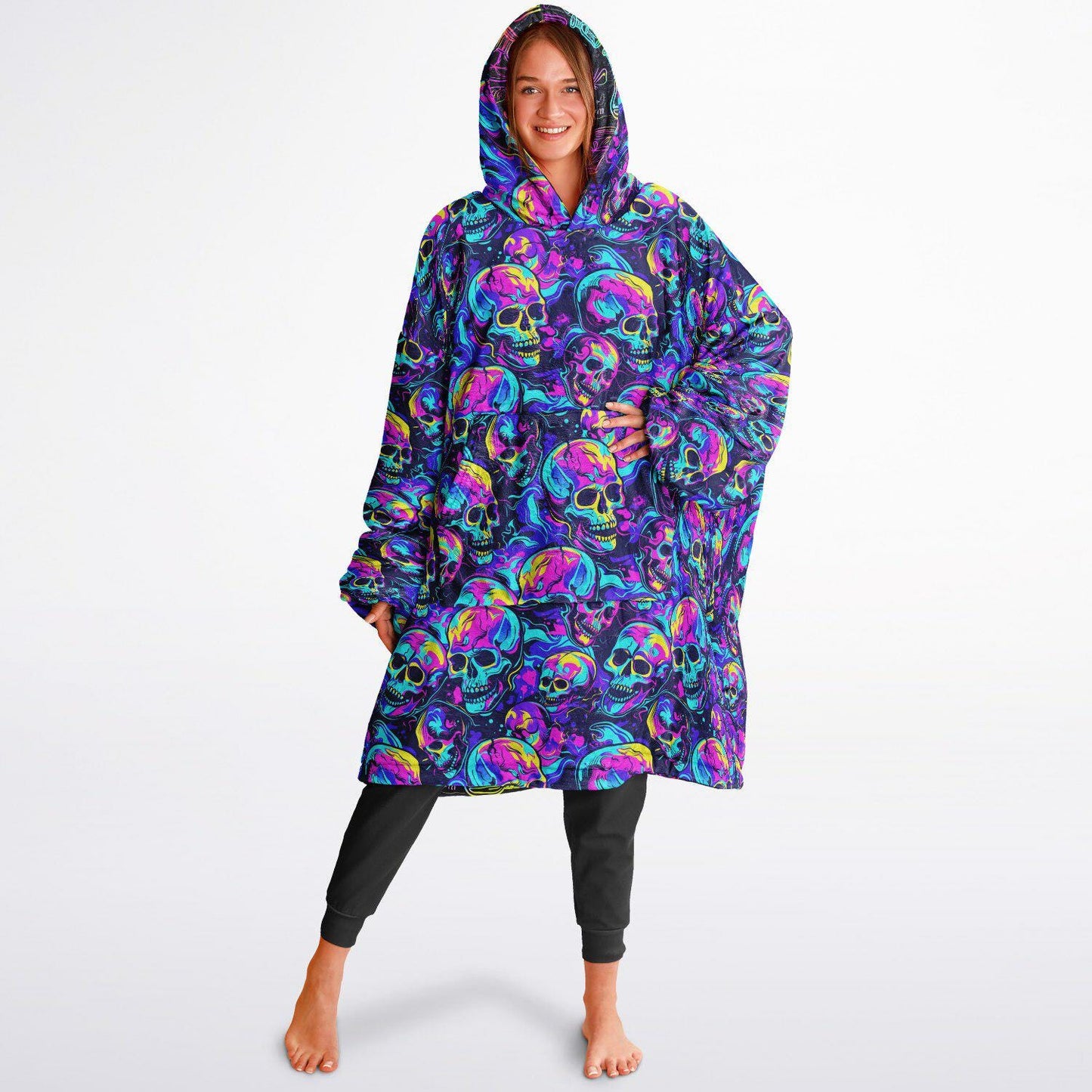 Unisex Neon Skulls Halloween Print Reversible Snug Hoodie,Festival Rave Party Wear,Oversized Double Sided Hoodie Blanket,Unique Gifts