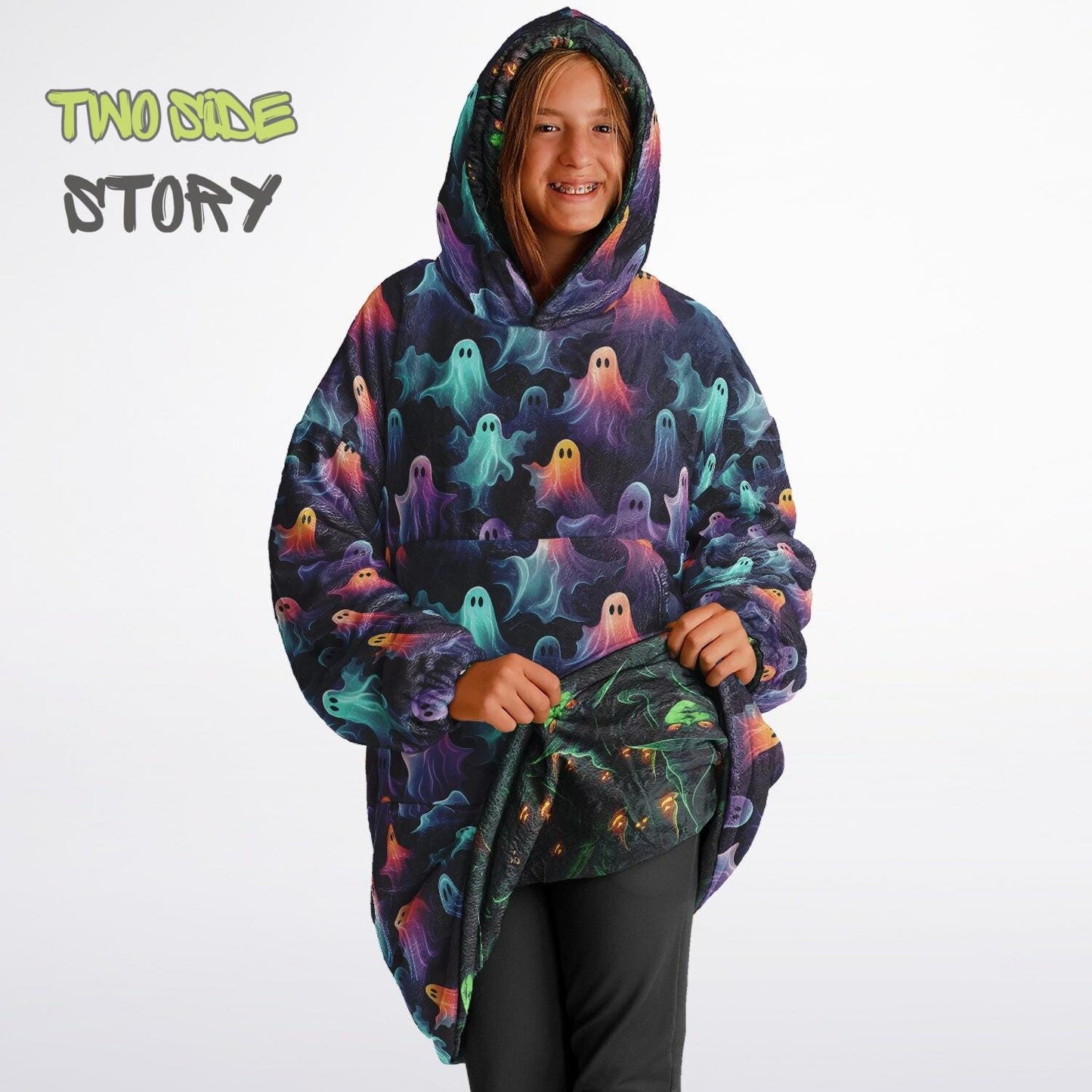 Neon Ghosts  Halloween Reversible Kids Snug Hoodie,Oversized Double Sided Youth Hoodie Blanket,Warm Blanket with Sleeves,Unique Gifts