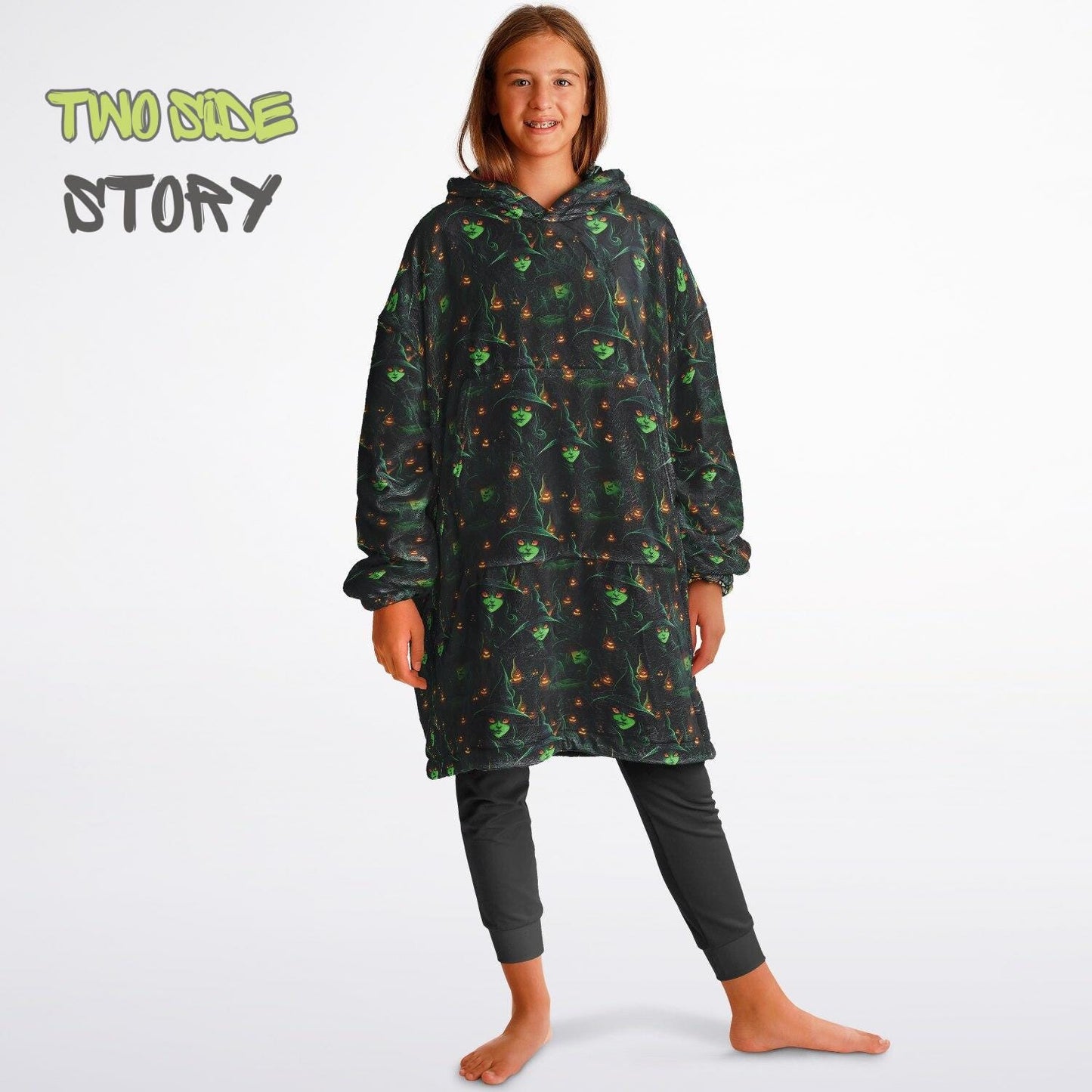 Halloween Print Skulls Witches Reversible Kids Snug Hoodie,Oversized Double Sided Youth Hoodie Blanket,Warm Blanket with Sleeves,Unique Gift