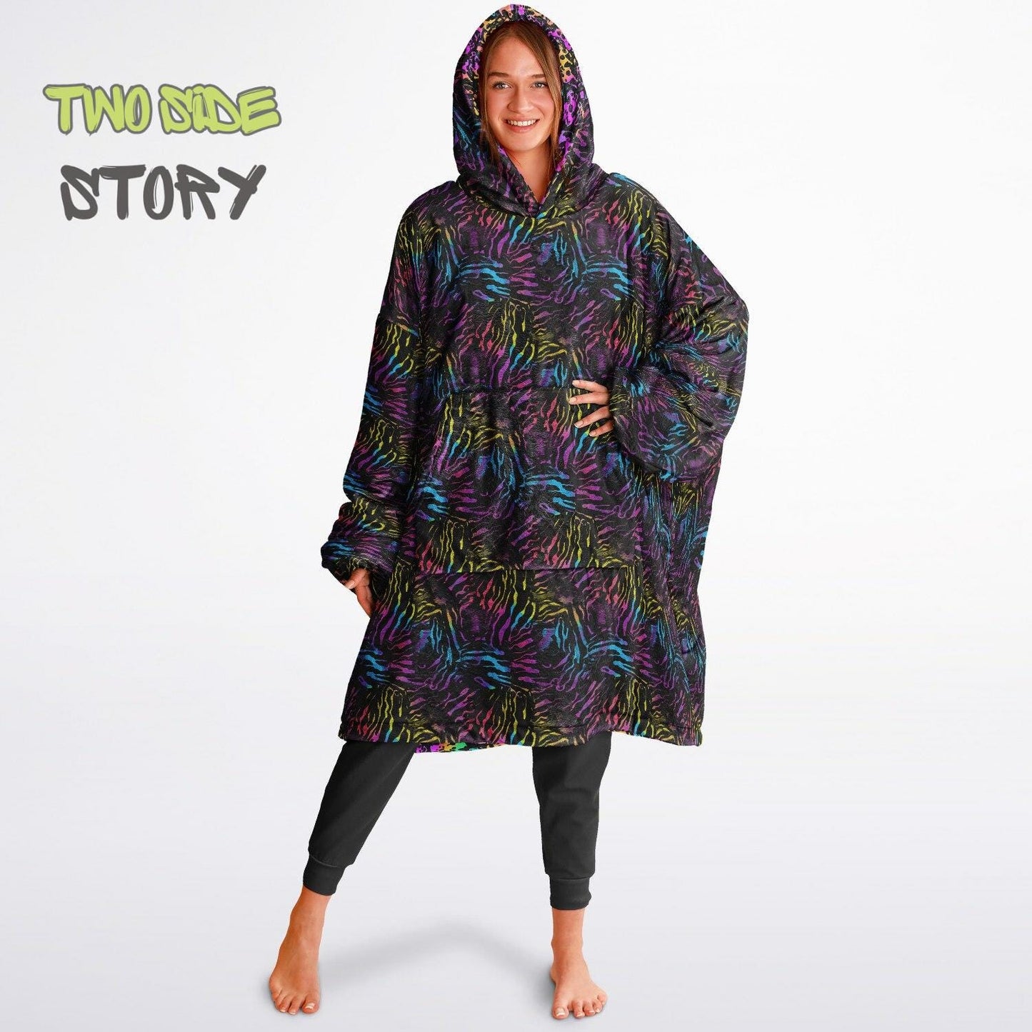 Unisex Neon Psychedelic Waves Print Print Reversible Snug Hoodie,Festival Rave Party Wear,Oversized Double Sided Hoodie Blanket,Unique Gifts