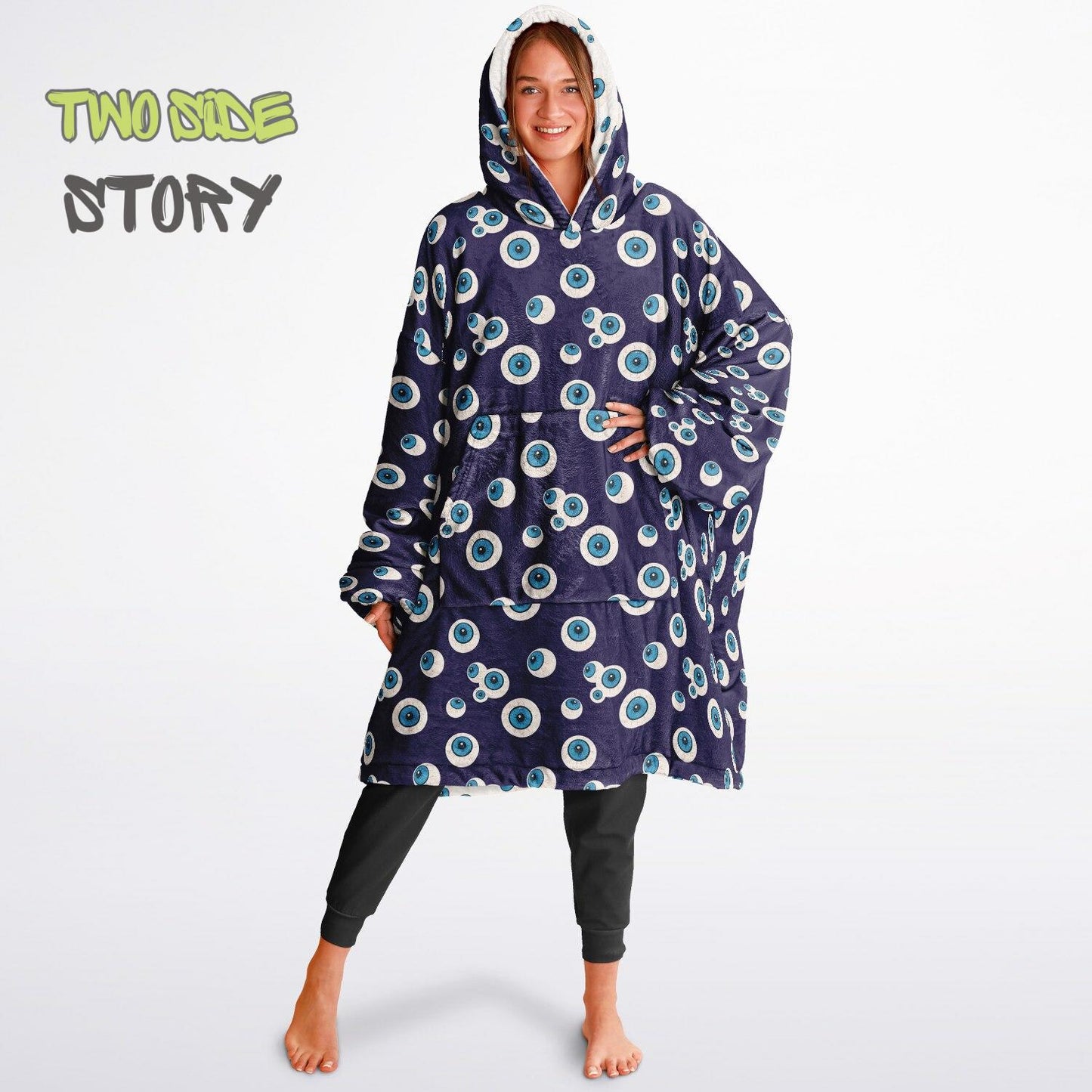 Unisex Evil Eye Reversible Snug Hoodie,Mykonos Eye Double Sized Hooded Blanket,Blanket with Sleeves,Lounge Wear,Unique Gifts,Christmas Gift
