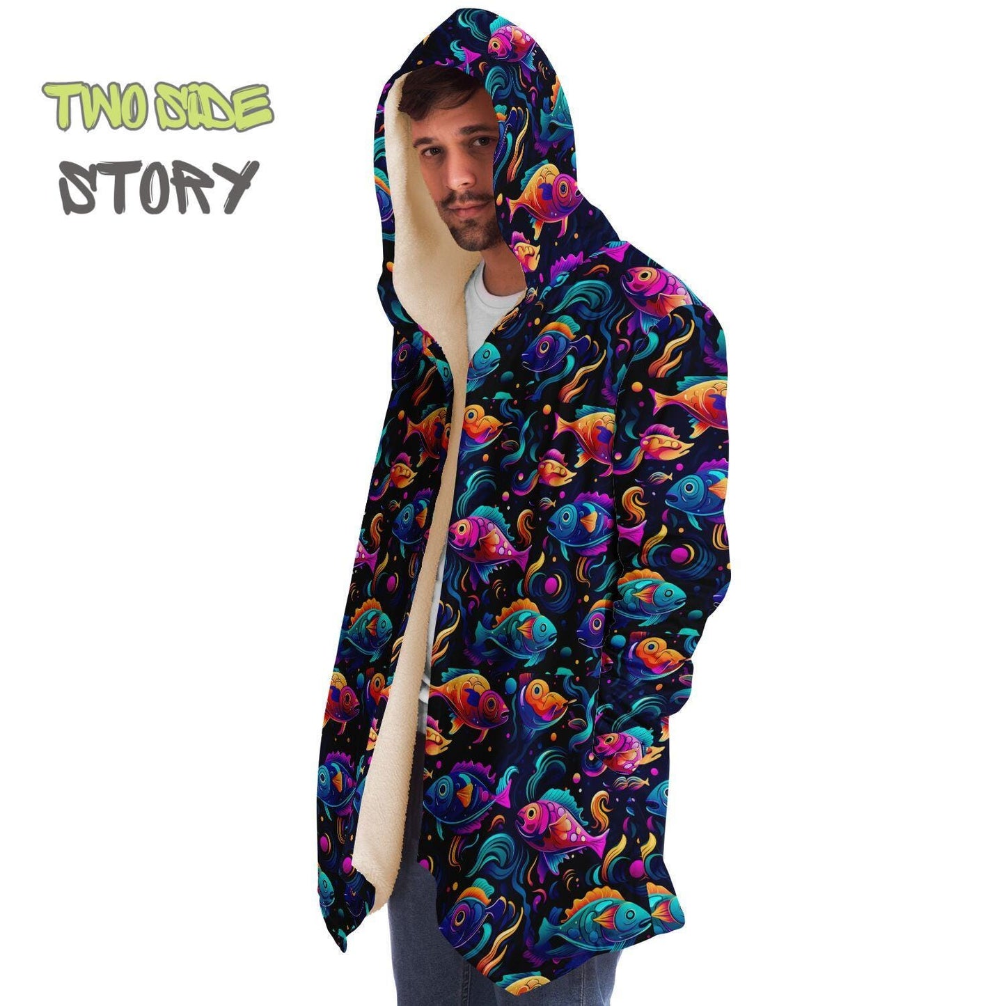 Unisex Micro-fleece Psychedelic Fish Hooded Cloak,Festival Rave Party Wear,Soft Halloween Cape,Vivid Colors EDM Festival Cape,Unique Gifts