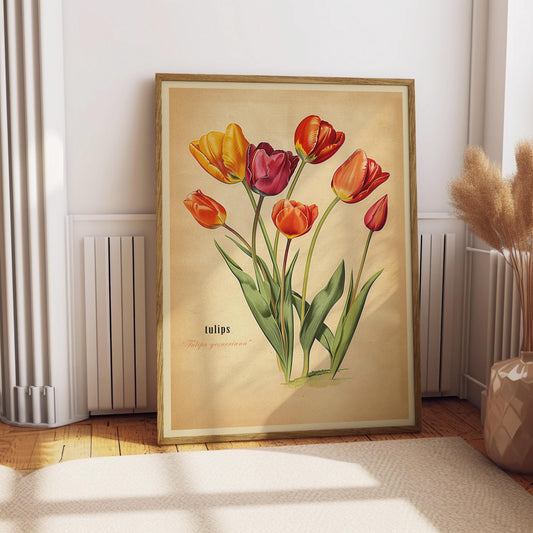 Vintage Tulips Print Antique Flower Illustration Botanical Painting Earth Tones Flowery Bedroom Decor Retro Tulip Poster Gift for Mom