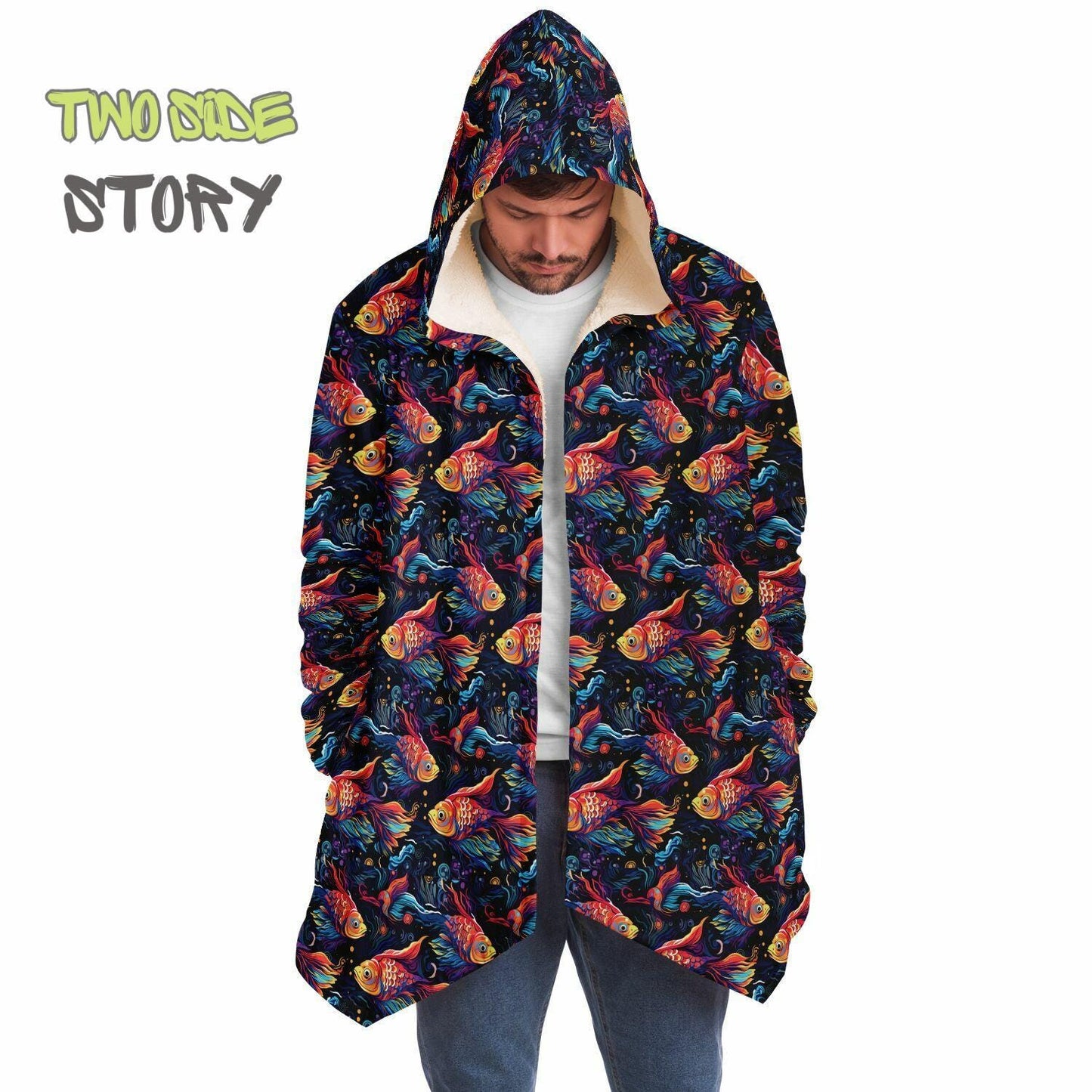Unique Micro-fleece Psychedelic Fish Hooded Cloak,Festival Rave Party Wear,Soft Halloween Cape,Vivid Colors EDM Festival Cape,Unique Gifts