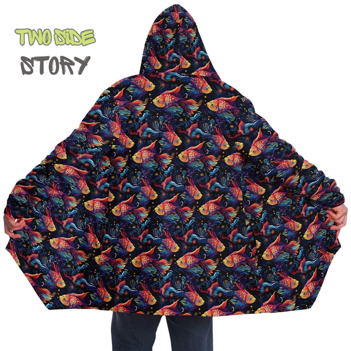 Unique Micro-fleece Psychedelic Fish Hooded Cloak,Festival Rave Party Wear,Soft Halloween Cape,Vivid Colors EDM Festival Cape,Unique Gifts