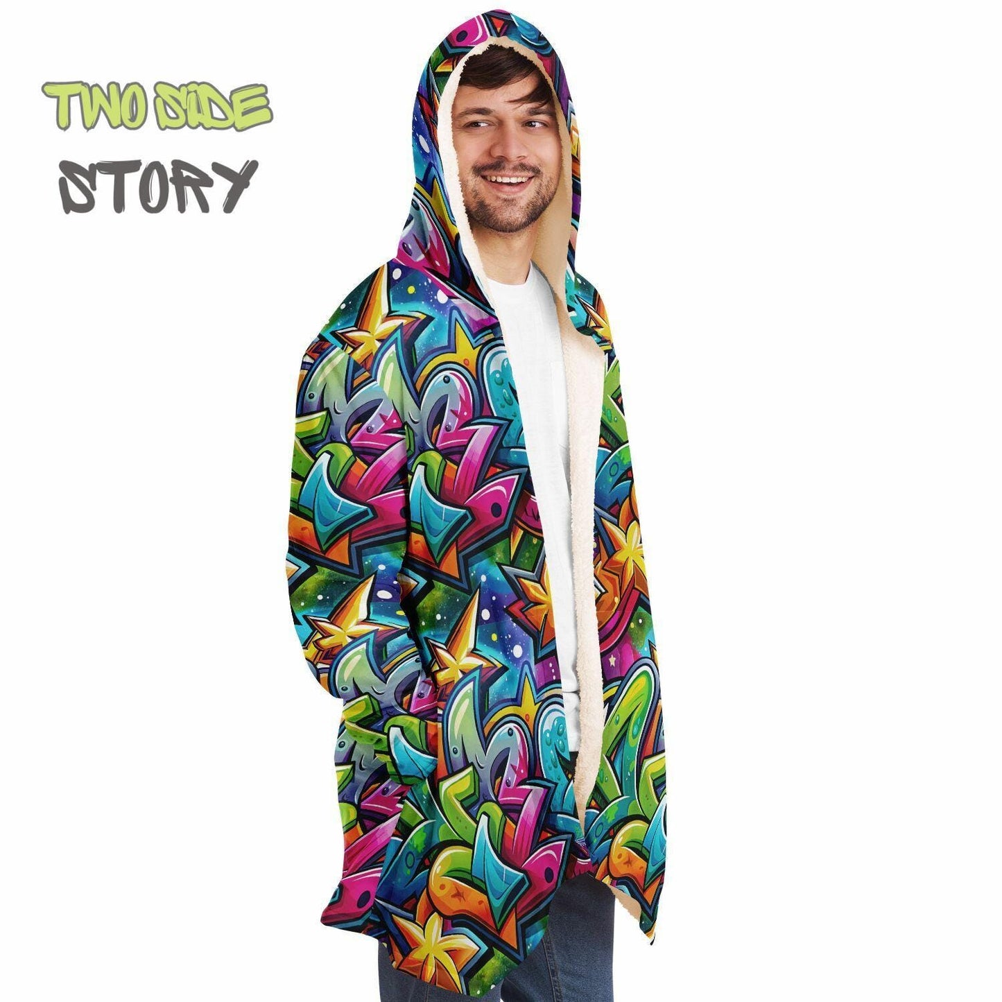 Unique Micro-fleece Graffiti Print Hooded Cloak,Festival Rave Party Wear,Soft Halloween Cape,Vivid Colors EDM Festival Cape,Unique Gifts