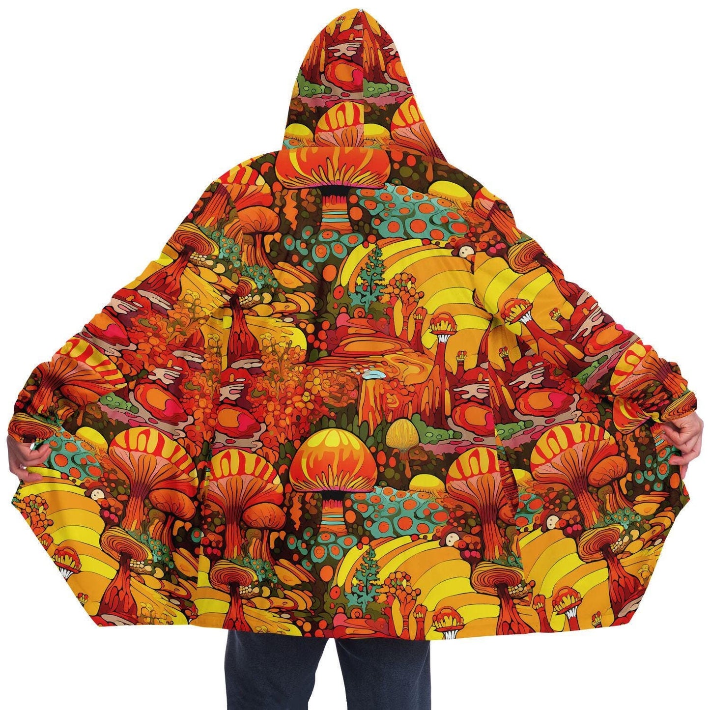 Vivid Colors Micro-fleece Psychedelic Mushrooms Hooded Cloak, Festival Rave Party Wear, EDM Festival Cape, Psychedelic Cape, Men's Rave Cape