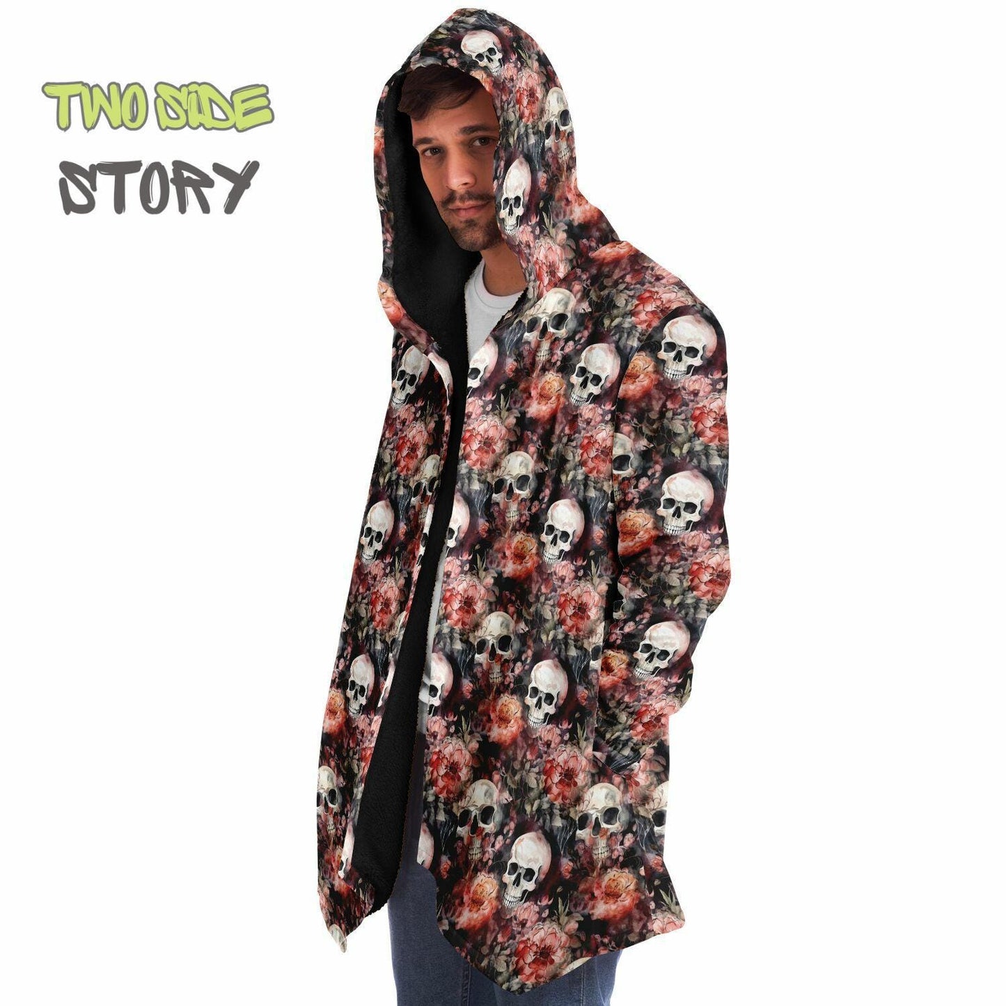 Micro-fleece Halloween Skulls Roses Hooded Cloak, Festival Party Wear,Halloween Cape,EDM Festival Cape, Unique Gifts,Men's Rave Cape