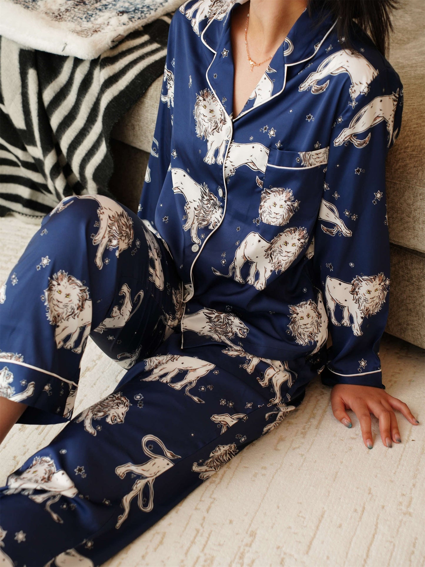 Cute Lion Print Pyjama Set ,Long Sleeves ,Bride and Bridesmaid Pajama , Birthday Gifts For Her, Two Pieces Pajamas Sets