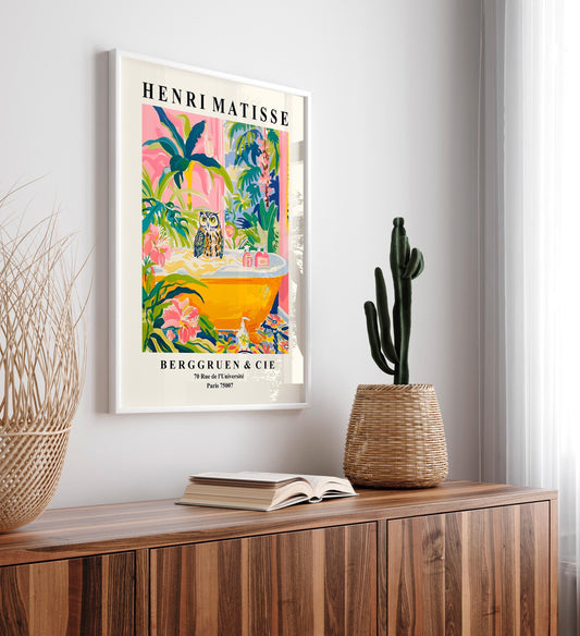 Owl in bathtub print, Henri Matisse art, Bird lover gift, Pink poster, Funky decor, Pink bathroom wall art