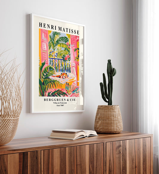 Red panda in bathtub funny poster, Matisse print, Bathroom decor, Pink tropical art print