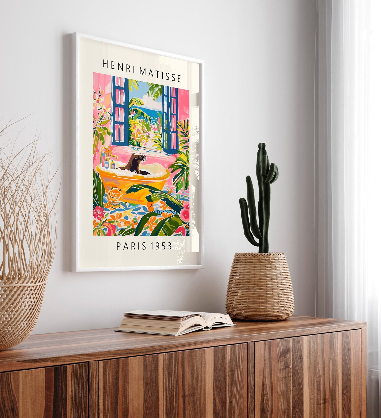 Sea lion in bathtub funny poster, Matisse art, Pink tropical decor, Bathroom wall art, Beach house print