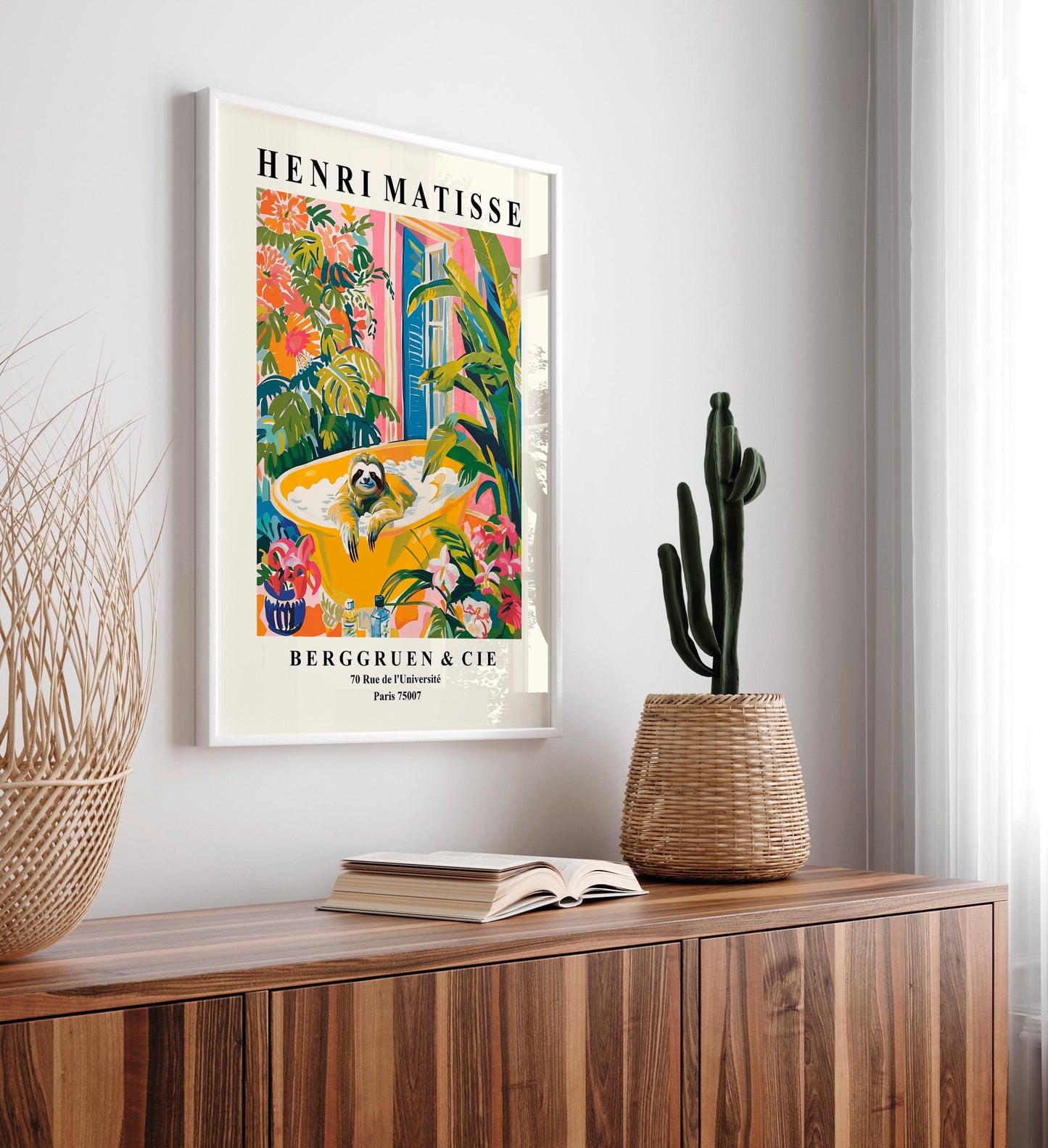Sloth in bathtub art print, Matisse print, Bathroom poster, Pink tropical wall art, Animal print
