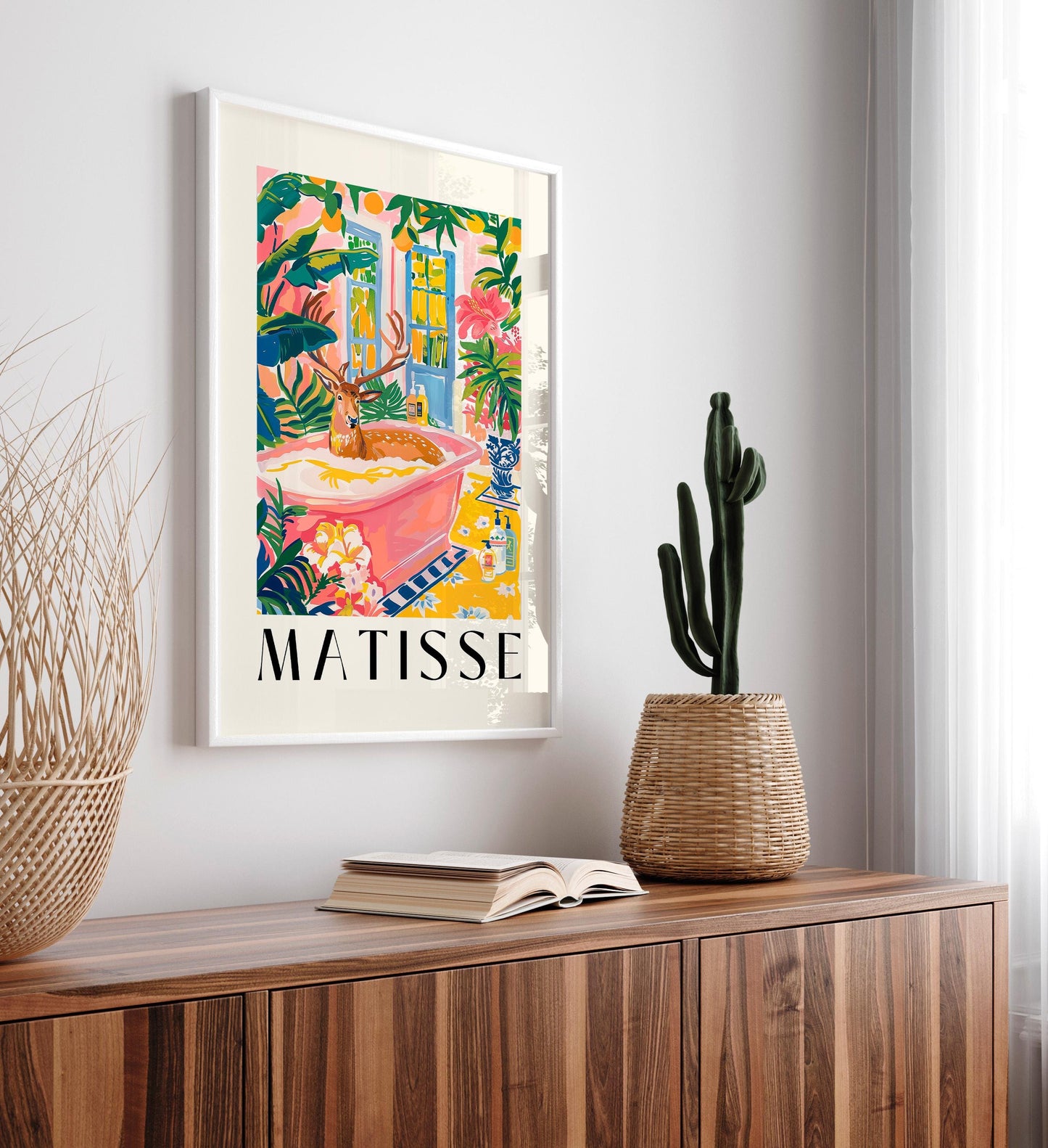 Deer in bathtub art print, Mid century art, Bathroom decor, Pink tropical flowers wall art, Matisse poster
