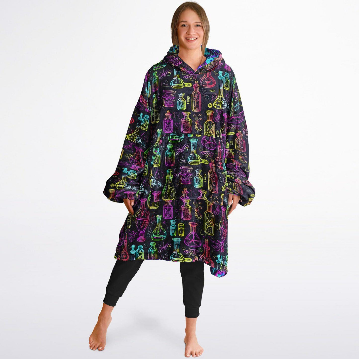Unisex Neon Skulls Halloween Print Reversible Snug Hoodie,Festival Rave Party Wear,Oversized Double Sided Hoodie Blanket,Unique Gifts