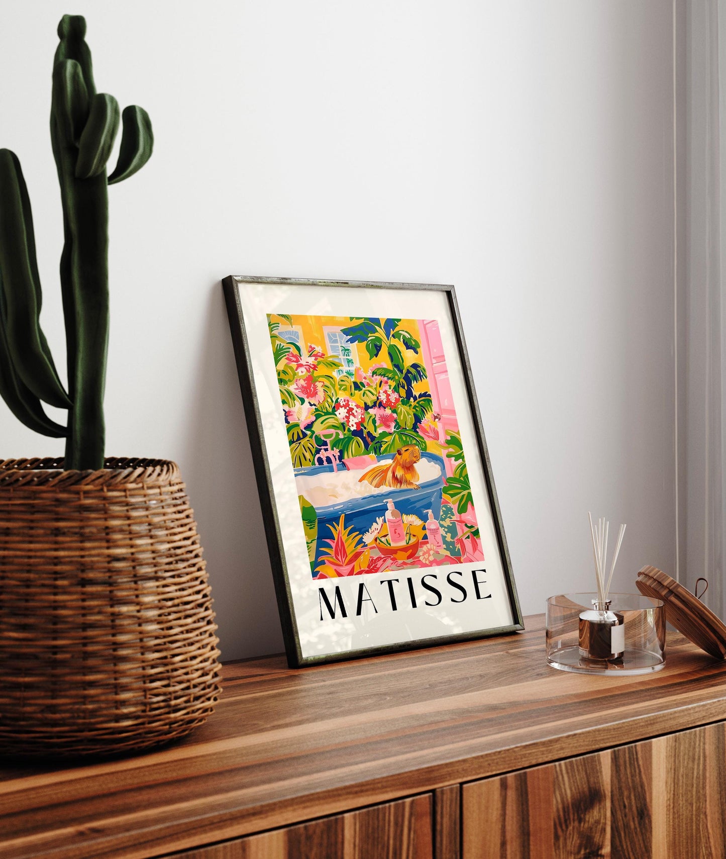 Capybara in bathtub art print, Pink tropical bathroom decor, Henri Matisse wall art,  Animal art