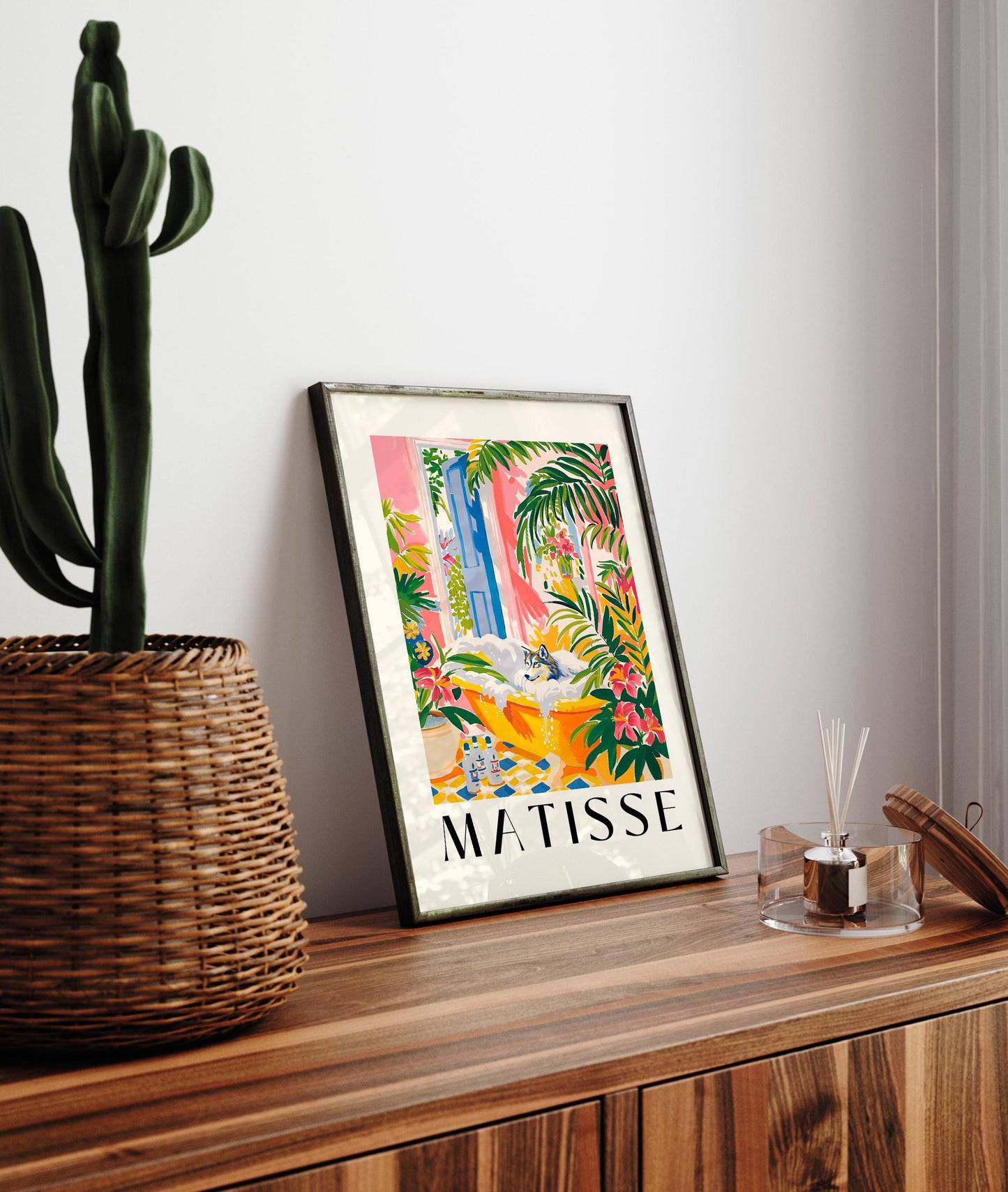 Wolf in bathtub funny poster, Matisse art print, Mid century art, Pink tropical bathroom decor