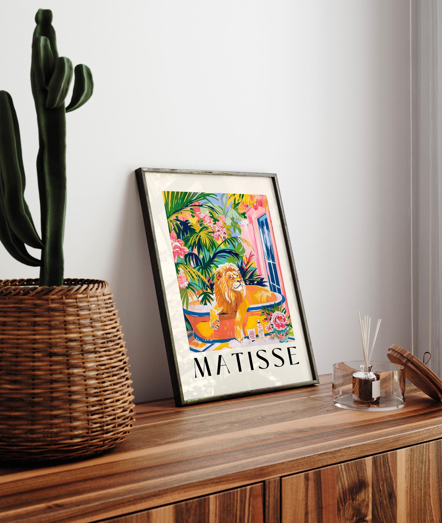 Cute lion print, Pink bathroom decor, Matisse poster, Animal wall art, Funky decor, Safari art print