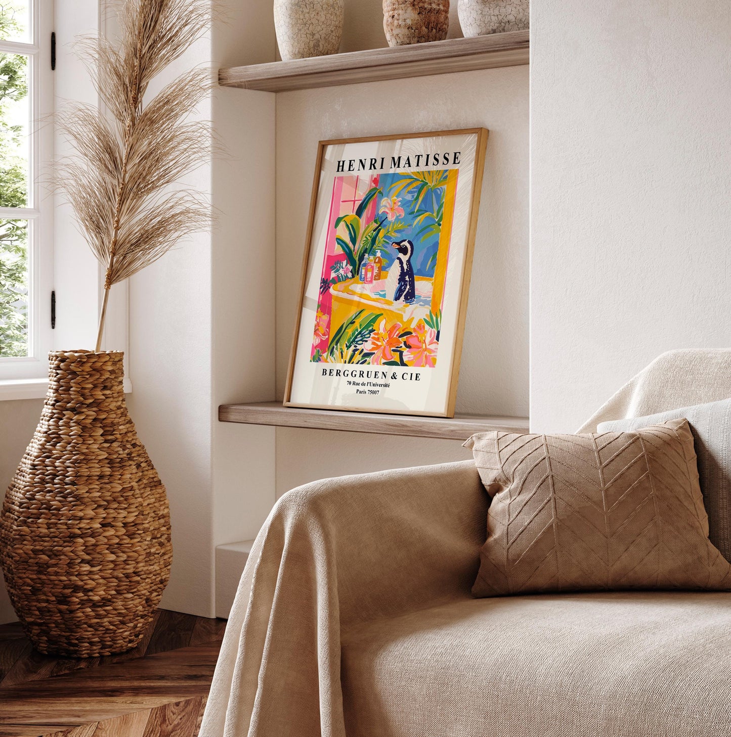 Penguin in bathtub poster, Matisse art print, Pink maximalist decor, Tropical print, Bathroom wall art, Bird art print