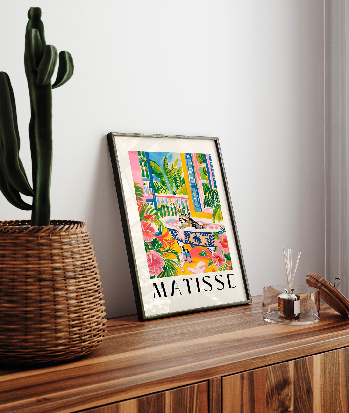 Raccoon in Bathtub Art Print: Tropical Maximalist Bathroom Decor