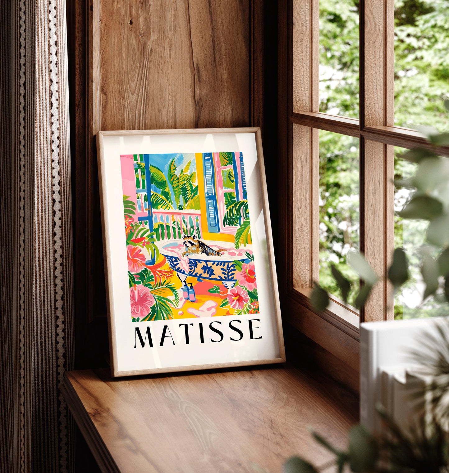 Raccoon in Bathtub Art Print: Tropical Maximalist Bathroom Decor