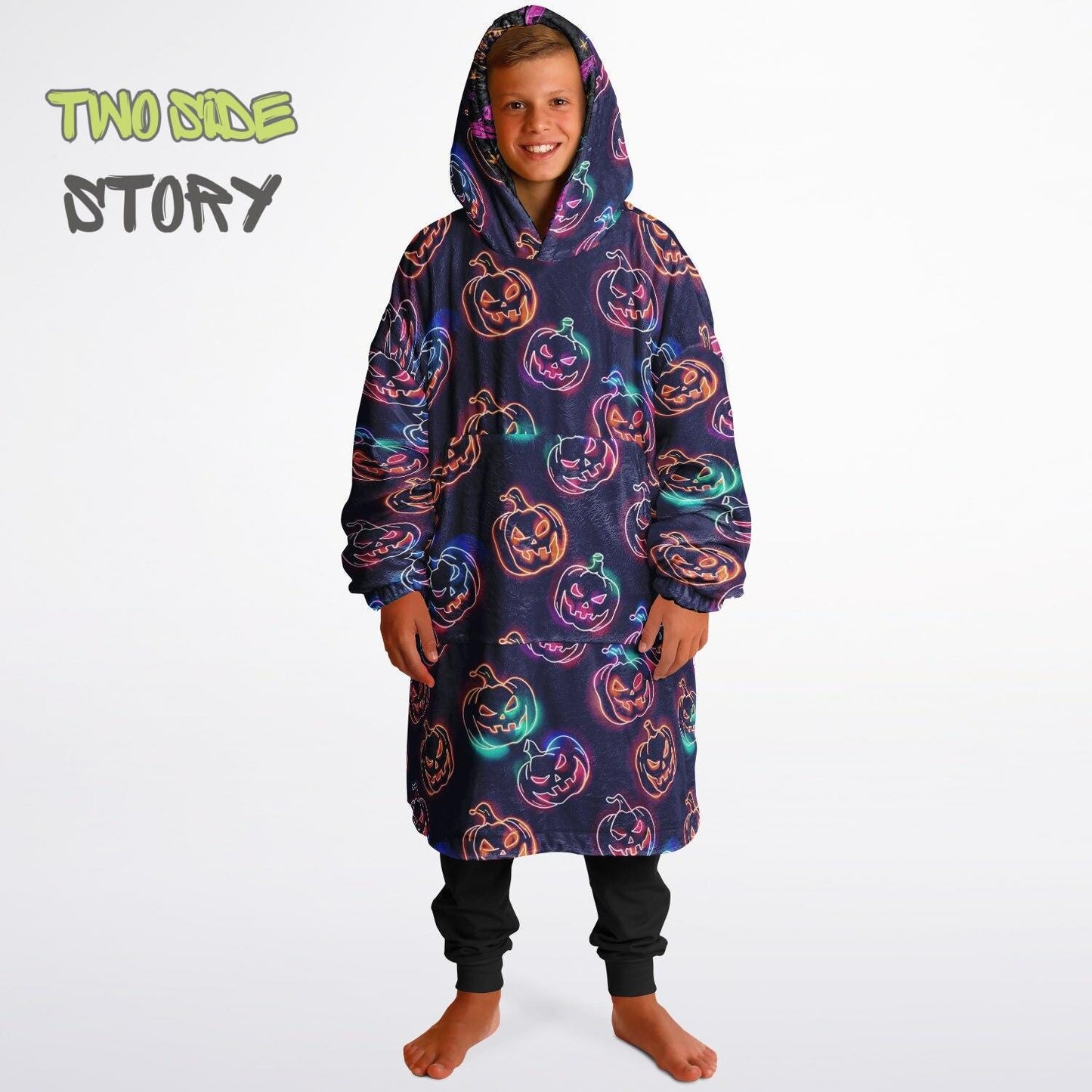 Glowing Pumpkins Halloween Reversible Kids Snug Hoodie,Oversized Double Sided Youth Hoodie Blanket,Warm Blanket with Sleeves,Unique Gifts