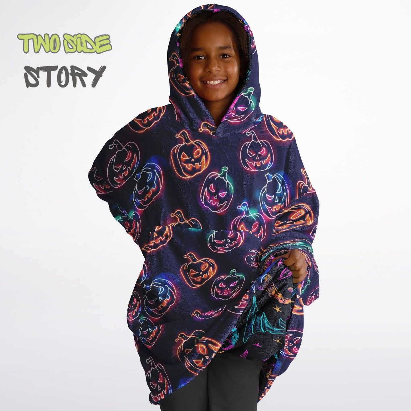Glowing Pumpkins Halloween Reversible Kids Snug Hoodie,Oversized Double Sided Youth Hoodie Blanket,Warm Blanket with Sleeves,Unique Gifts