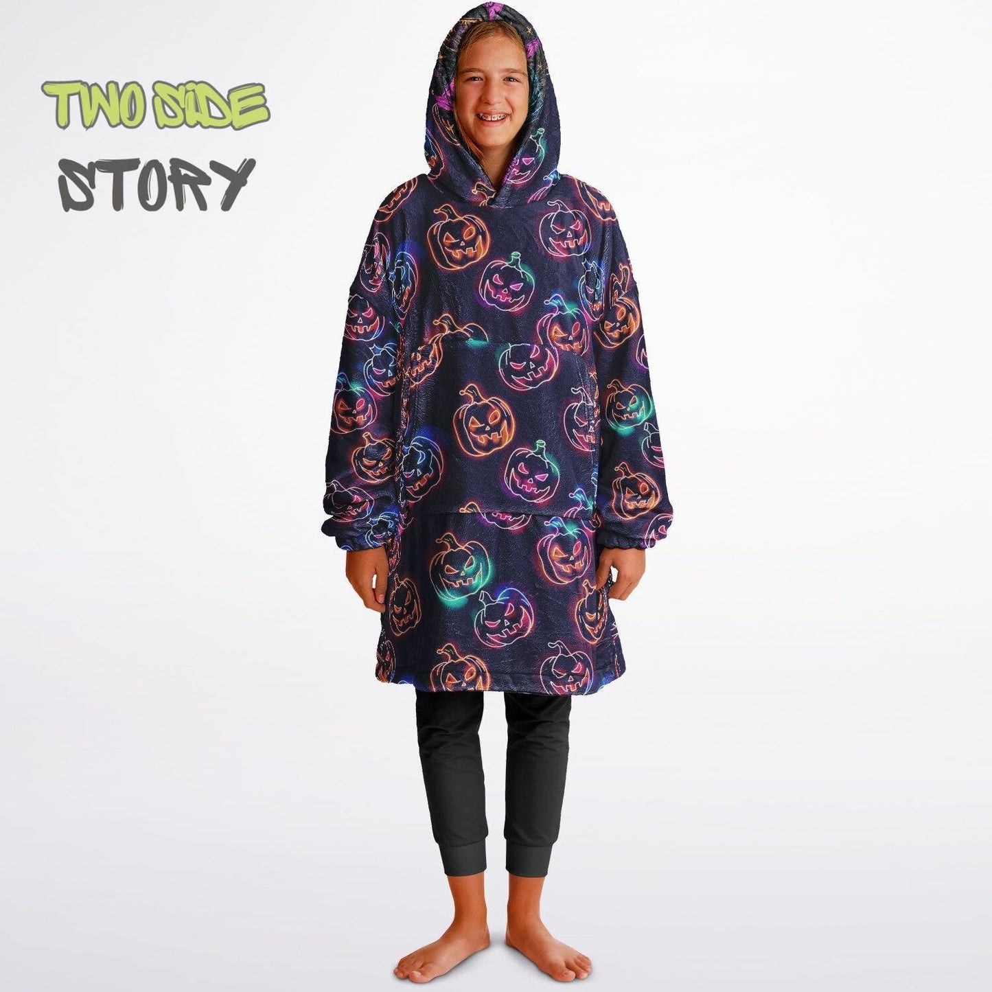 Glowing Pumpkins Halloween Reversible Kids Snug Hoodie,Oversized Double Sided Youth Hoodie Blanket,Warm Blanket with Sleeves,Unique Gifts