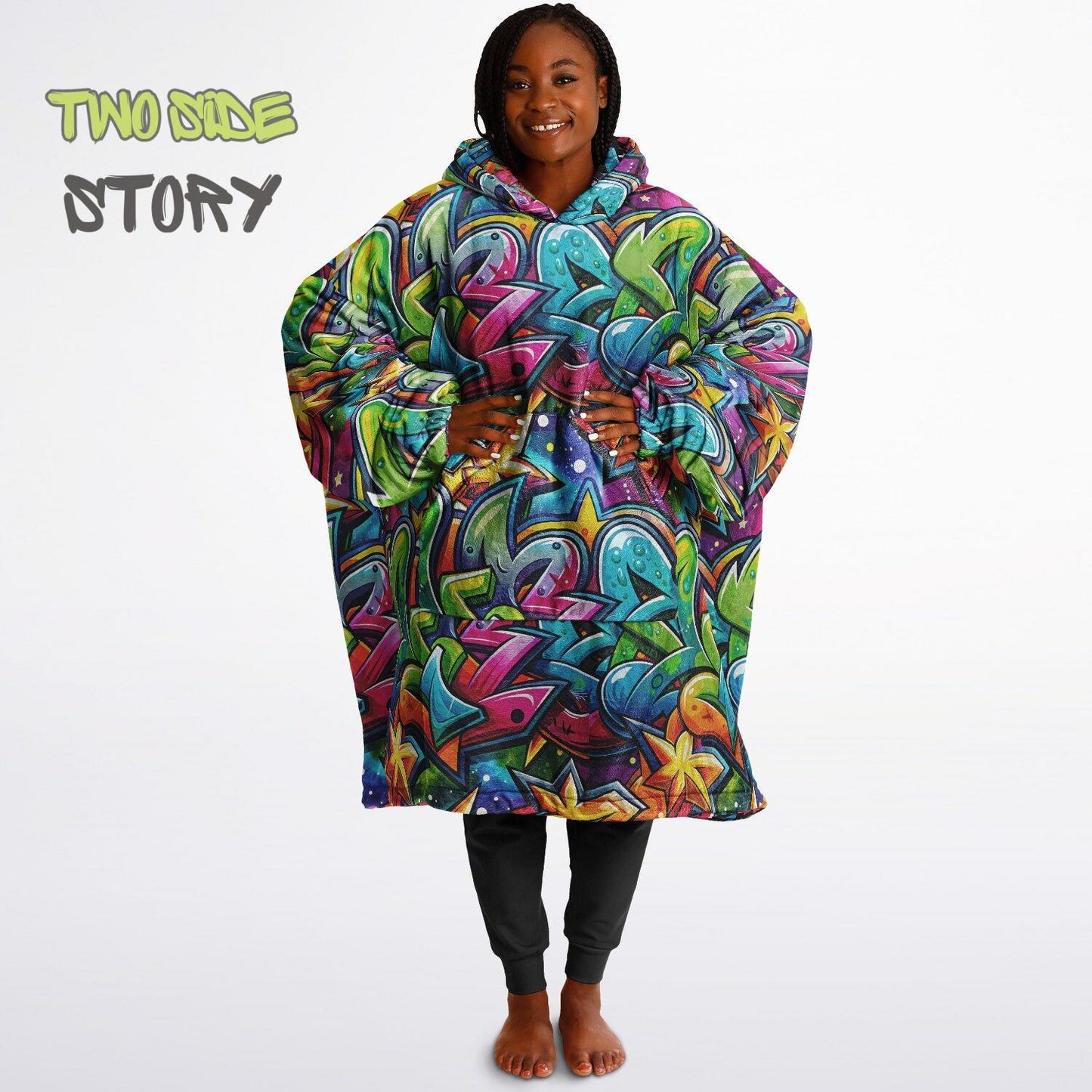 Graffiti Print Reversible Adult Snug Hoodie,Vivid Color Graffiti Oversized Double Sided Hoodie Blanket,Warm Blanket with Sleeves,Unique Gift