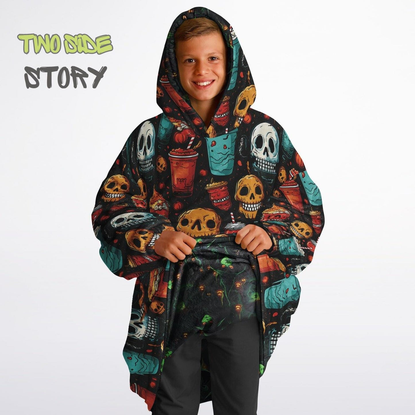 Halloween Print Skulls Witches Reversible Kids Snug Hoodie,Oversized Double Sided Youth Hoodie Blanket,Warm Blanket with Sleeves,Unique Gift