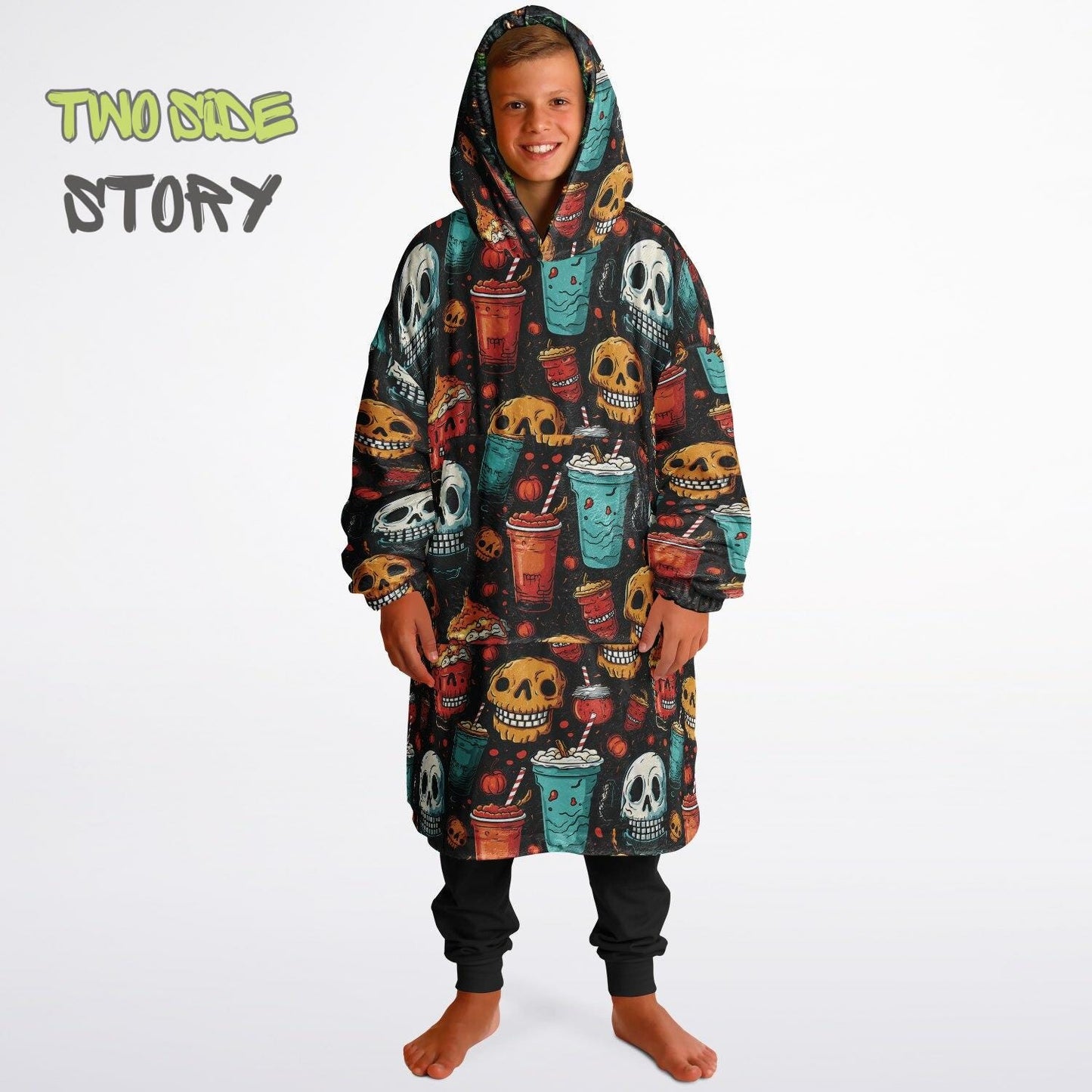 Halloween Print Skulls Witches Reversible Kids Snug Hoodie,Oversized Double Sided Youth Hoodie Blanket,Warm Blanket with Sleeves,Unique Gift