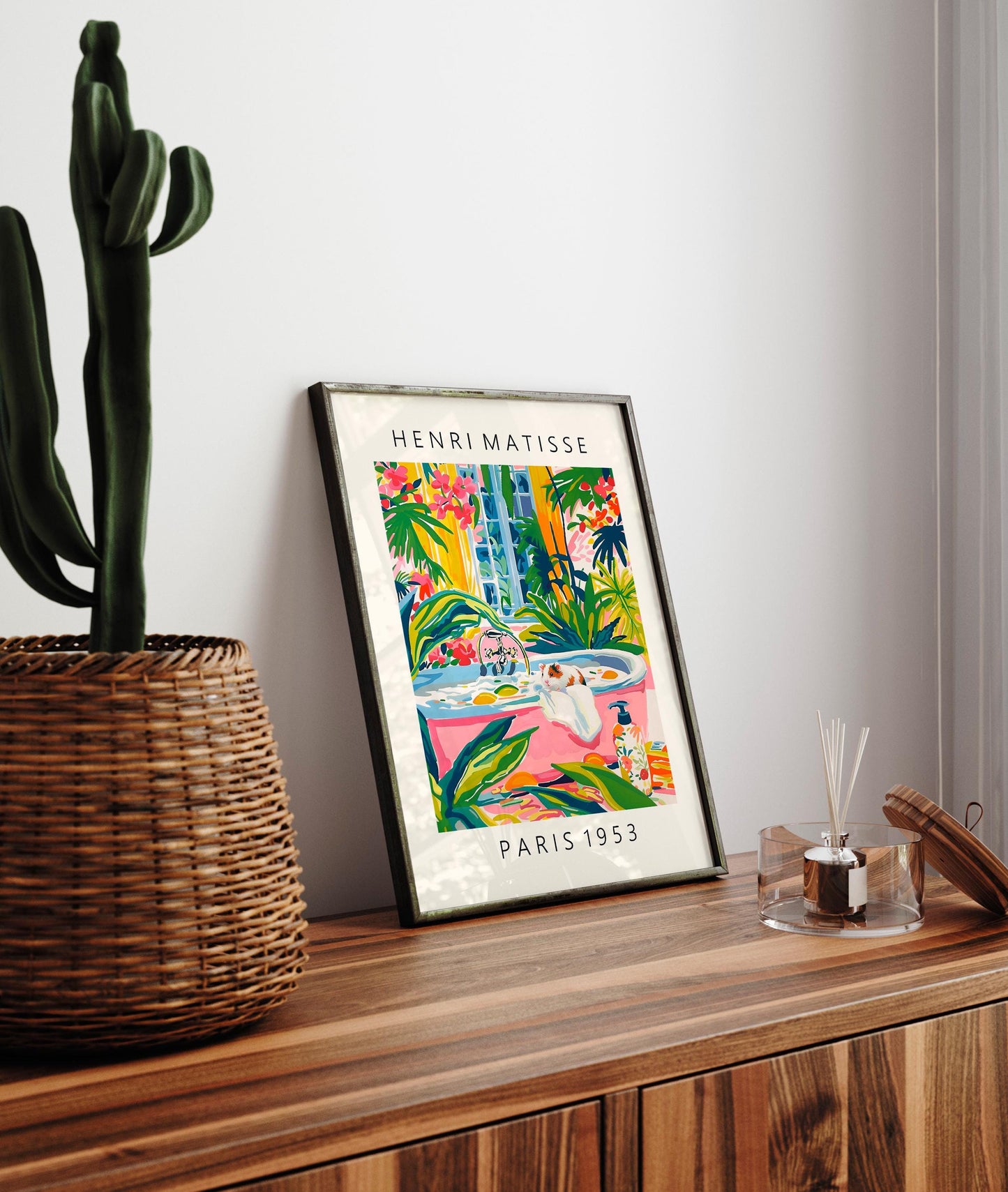 Hamster in Bathtub Art Print: Tropical Bathroom Decor in Matisse Style