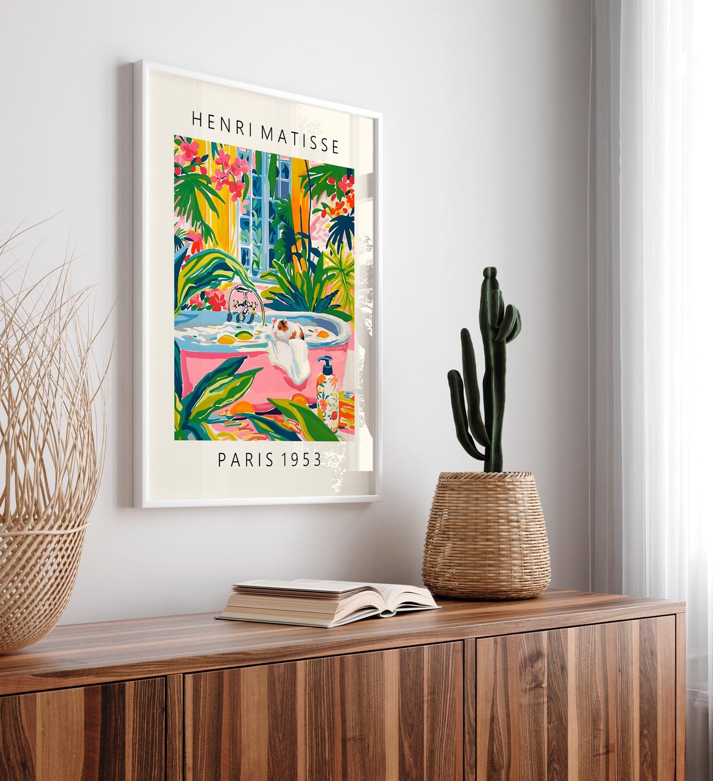 Hamster in Bathtub Art Print: Tropical Bathroom Decor in Matisse Style