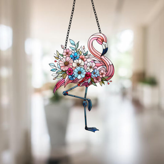 Pink Flamingo window hanging, Sunset lotus flowers, Acrylic window hangings, bird artwork, Mothers day gift, Gift for her,Housewarming decor