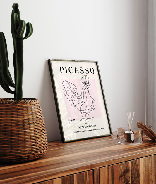 Rooster art print, Mid century poster, Chicken lover gift, Picasso art, Minimalist farm wall art