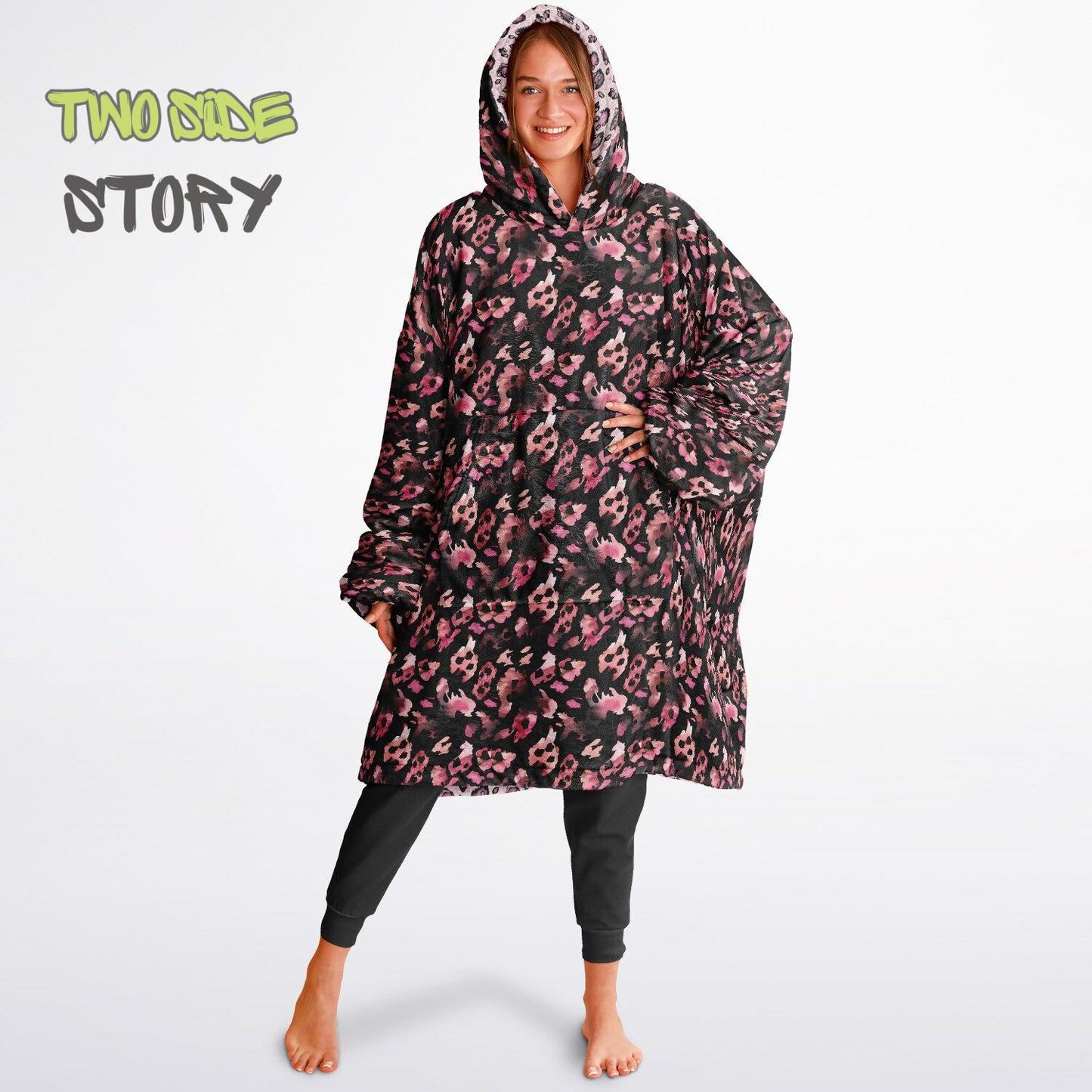 Unisex Reversible Pink Leopard Print Adult Snug Hoodie,Reversible Oversized Hoodie Blanket,Lounge Wear,Unique Gifts,Christmas Gift,Gifts