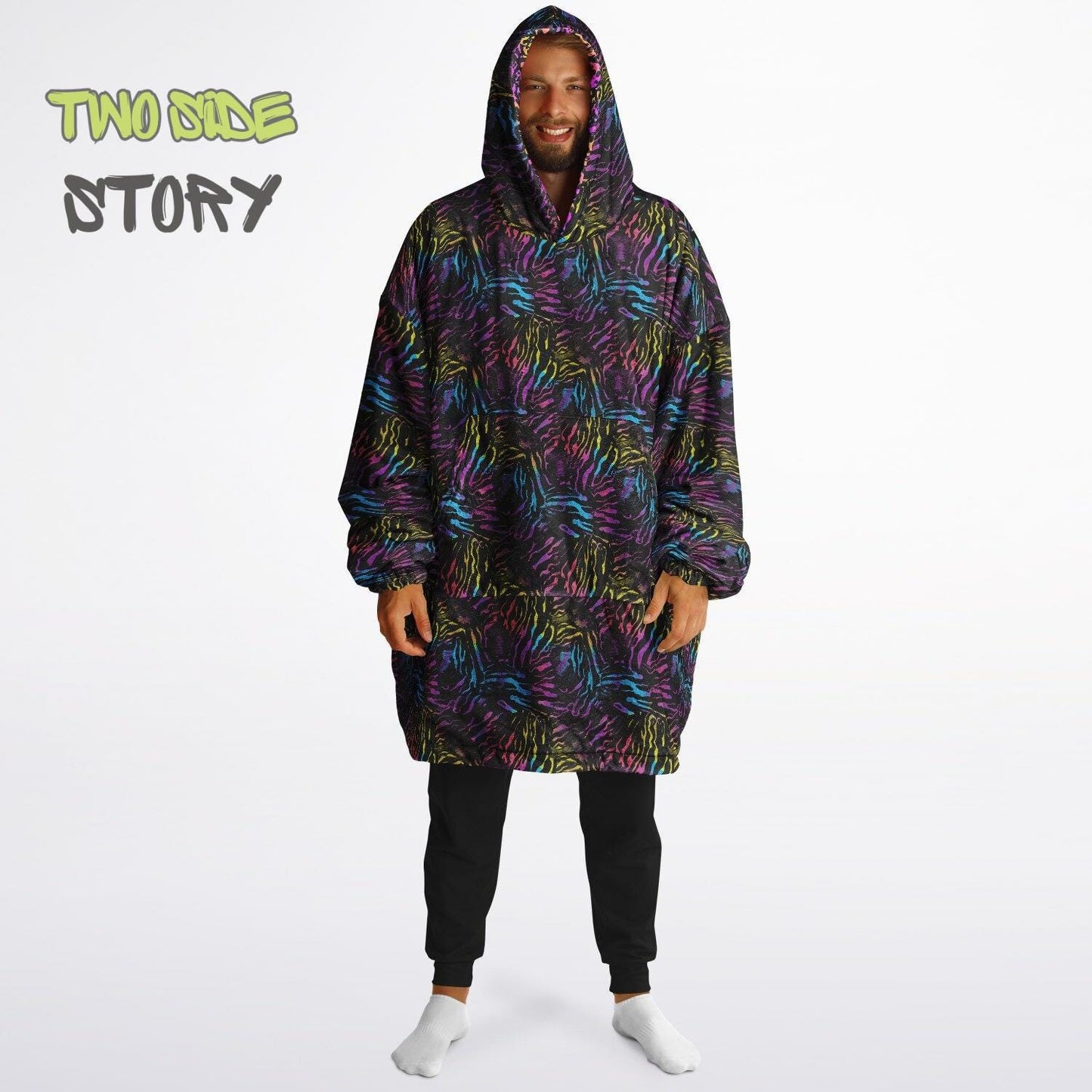 Unisex Neon Psychedelic Waves Print Print Reversible Snug Hoodie,Festival Rave Party Wear,Oversized Double Sided Hoodie Blanket,Unique Gifts