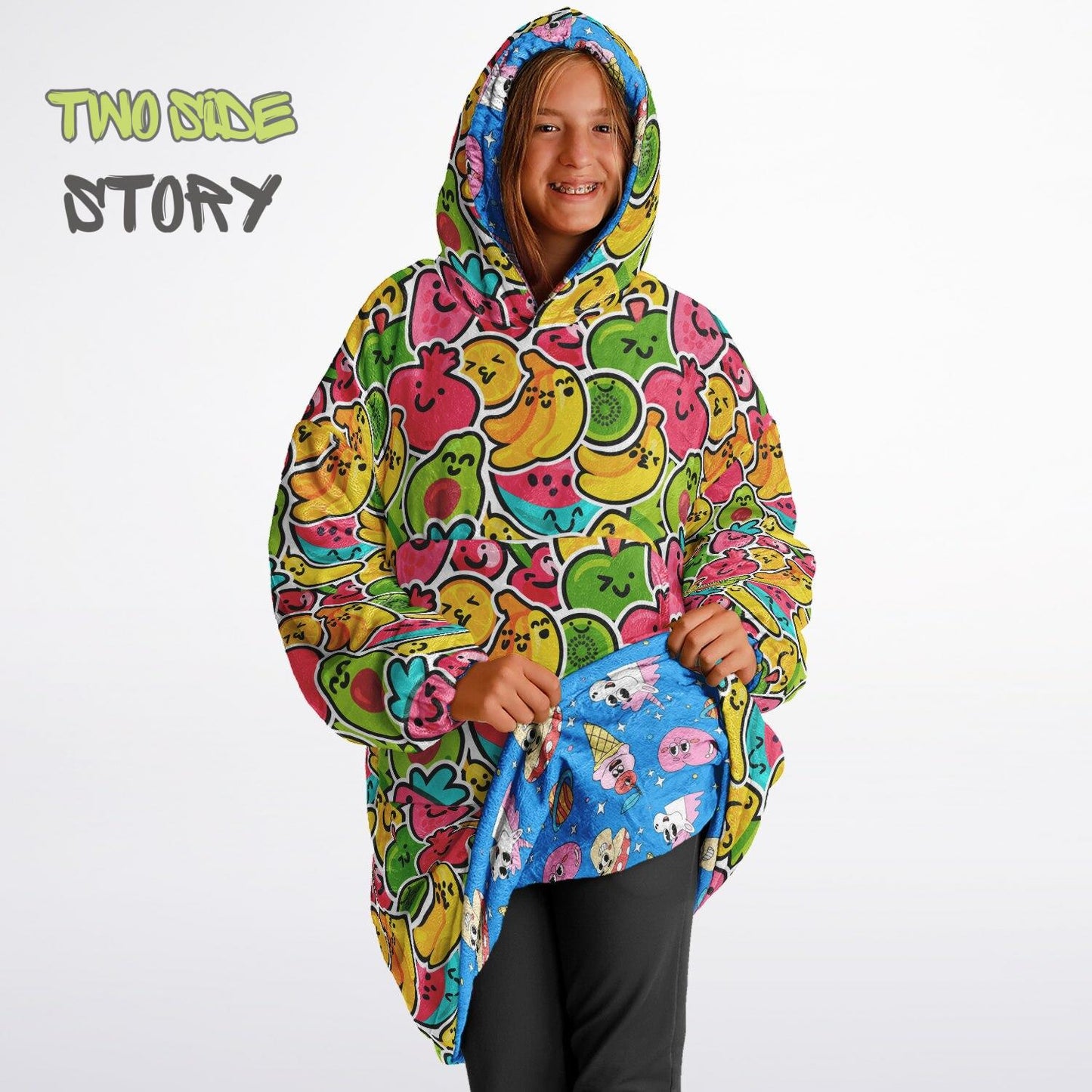 Cute Kawaii Fruit Reversible Kids Snug Hoodie,Oversized Double Sided Youth Hoodie Blanket,Warm Blanket with Sleeves,Unique Gifts for Kids