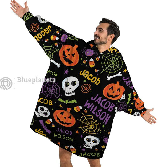 Personalized Wearable Hoodies Blanket, Custom Name Halloween Pattern Hoodie Blanket, Custom Halloween Oversized Blanket, Gift