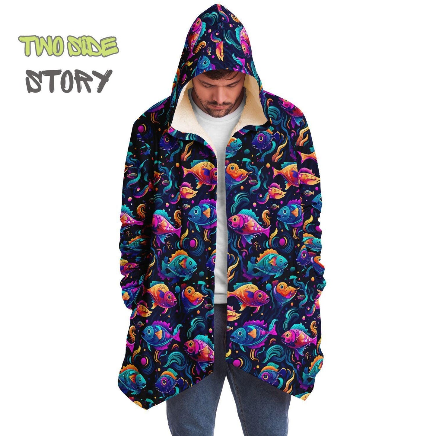 Unisex Micro-fleece Psychedelic Fish Hooded Cloak,Festival Rave Party Wear,Soft Halloween Cape,Vivid Colors EDM Festival Cape,Unique Gifts