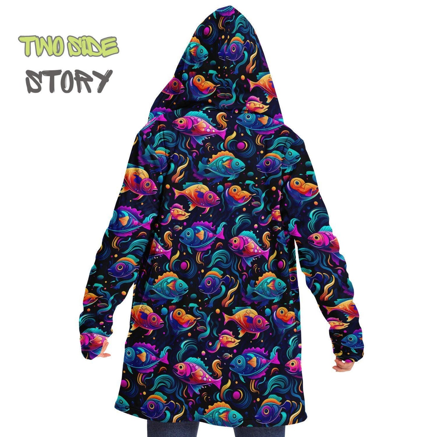 Unisex Micro-fleece Psychedelic Fish Hooded Cloak,Festival Rave Party Wear,Soft Halloween Cape,Vivid Colors EDM Festival Cape,Unique Gifts